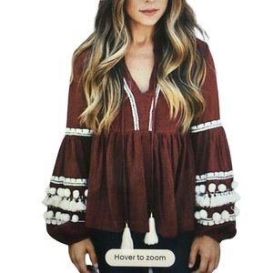 Anthropologie L Nisha Peasant Top by Vineet Bahl Gauze Pom Pom Wine $138
